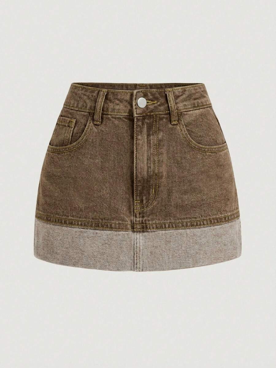 SHEIN MOD Women's Casual Versatile Commuting Denim Skirt With Pockets - Brown - View 1