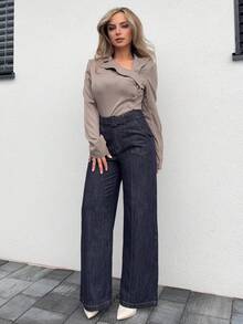 Jeta Ari Women's Straight Leg Casual Jeans With Belt Decoration - Dark Wash - View 5