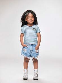 THE POWERPUFF GIRLS X SHEIN 女童圆领条纹字母卡通印花休闲百搭日常短袖T恤 - 彩色 - 查看 4