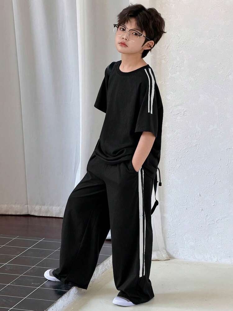Tween Boy Summer Casual Contrast Stripe T-Shirt And Pants Set