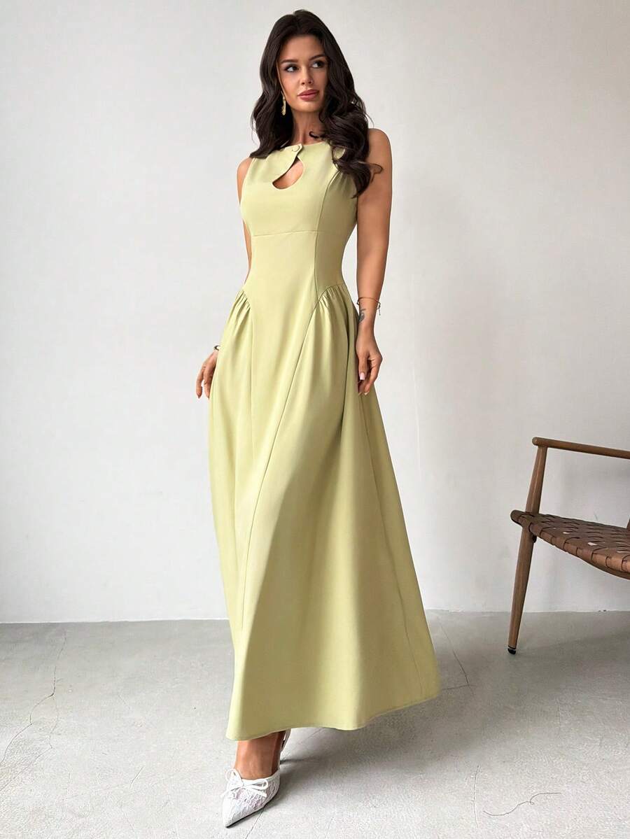 Firerie Vestido casual de oficina elegante y minimalista para uso diario, de textura de bambú sólido verde, sin mangas, con cintura hueca y plisado en línea A hasta la pantorrilla, adecuado para vacaciones, viajes, días festivos, primavera/verano, nueva llegada - Verde - Ver 1