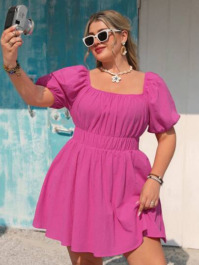 Vivid Eden Vestido de algodón puro de cuello cuadrado rosa para mujer de talla grande, de uso casual, elegante y romántico para primavera/verano, vacaciones y uso diario, con tela suave y cómoda