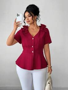Elenzga Plus Size Women's New V-Neck Bow Design Button Front Solid Color Woven Fabric Elegant Refined Young Versatile Fitted Short Sleeve Blouse - Burgundy - View 4