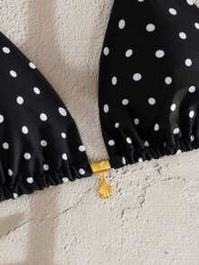 Swim Mod Random Gold Shell Print Halter Neck Triangle Cup Sexy Swimwear Top For Summer Vacation - Black and White - View 3