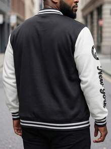 ResortEase Áo khoác bóng chày Varsity hai tông màu họa tiết khẩu hiệu cỡ lớn dành cho nam, cá tính, tay dài, đi chơi, trang phục đường phố, New York, khối màu, cho mùa thu - Đen và trắng - Xem 3