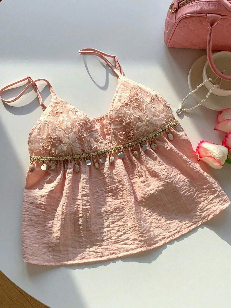 Comfortcana Women's Fashionable Sexy Sequin Fringe Camisole Top, Summer - Pink - View 1