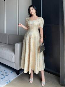 Dazy Plus Plus Size Elegant Jacquard Petal Sleeve Dress For Summer Maxi Dress Sundress - Apricot - View 5