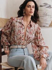 Anewsta Blus Wanita Model Baru Longgar Kasual Motif Bunga dengan Kerah, Cocok untuk Musim Semi, Musim Panas, Beraktivitas Sehari-hari, Pesta Pantai, Atasan Warna Pink - Berwarna merah muda - View 2