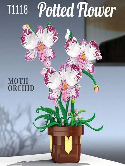 Orchid Potted Flower Building Block Model Puzzle Set, Home Decor, Stress Relief, Enjoy Peaceful Assembly Time, Holiday/Birthday Gift, Suitable For Gifting