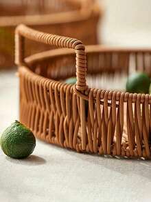 1/3 Sets Of Imitation Rattan Woven Trays, Picnic Fruit Zero Food Basket, Double Ear Rattan Woven Basket, Wooden Handle Decorated Willow Tray, Convenient For Holding Cookies, Snacks, Fruits, Home Decoration, Party Decoration, Storage Rack Basket - Multicolor - View 4