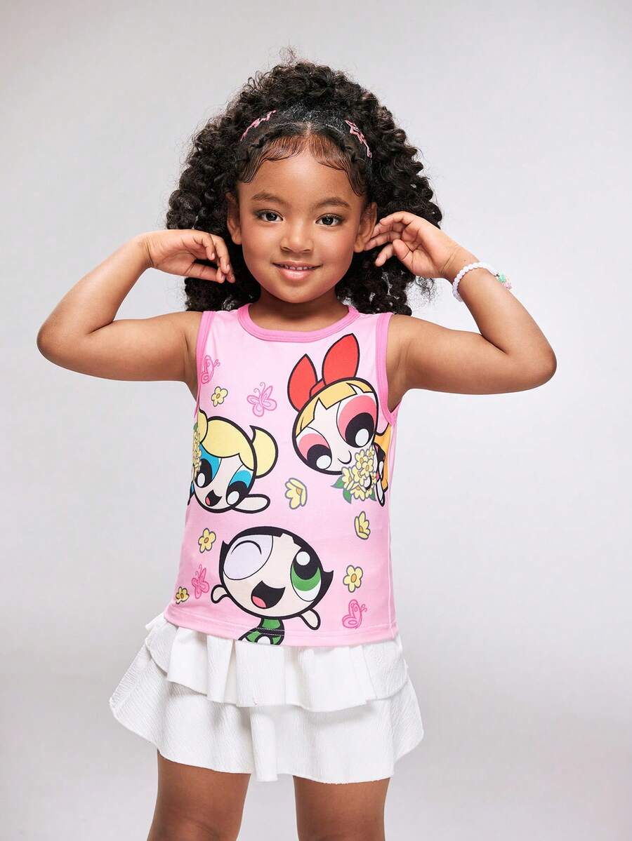 THE POWERPUFF GIRLS X SHEIN Young Girl Cartoon Print Round Neck Short Sleeve Top And Mini Skirt Casual   Set - Pink - View 1