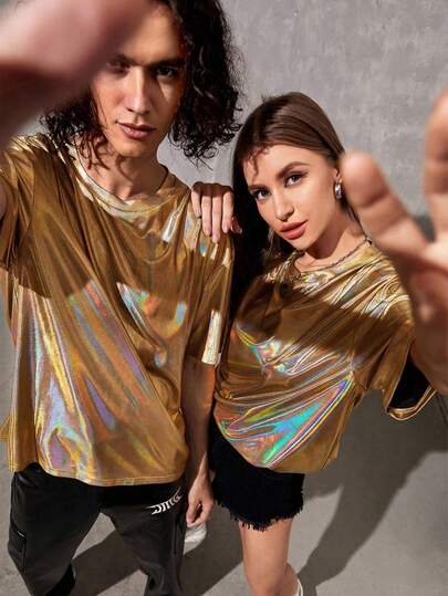 Manfinity Unisex 1pc Oversized Holographic Drop Shoulder T-Shirt Gold Shirts Shiny T-Shirt Gold Metallic Shirt Holographic Top Reflective Shirt