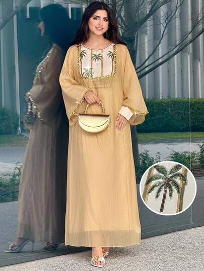 Al Najma Vestido árabe de mujer con bordado de lentejuelas de palmera, de estilo conservador y casual
