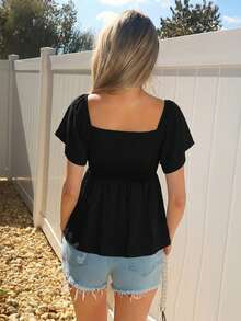 Sydney Algeri Square Collar Crop Top With Ruched Hem And Layered Flutter Sleeves In Black Peplum Top - Black - View 2