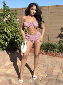 Alexandranx 两件套女士格子荷叶边露脐吊带背心和短裤套装 - 白色 - 查看 1