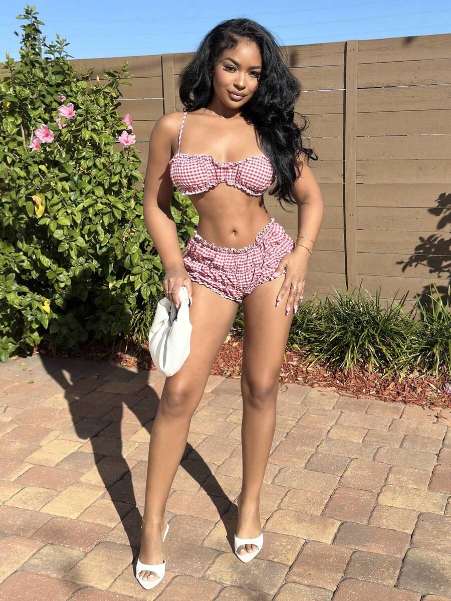 Alexandranx 两件套女士格子荷叶边露脐吊带背心和短裤套装 - 白色 - 查看 1