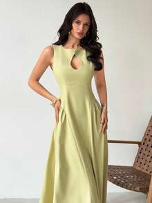 Firerie Vestido casual de oficina elegante y minimalista para uso diario, de textura de bambú sólido verde, sin mangas, con cintura hueca y plisado en línea A hasta la pantorrilla, adecuado para vacaciones, viajes, días festivos, primavera/verano, nueva llegada - Verde - Ver 3