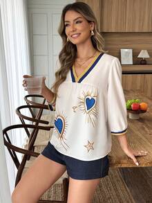 Louniche Áo kiểu tay lửng cổ chữ V màu mơ, in hình trái tim xanh dương, thích hợp cho mùa xuân/hè, phong cách bohemian. - Nhiều màu - Xem 4