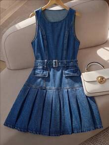 GlowEve 夏季休闲无袖褶裥下摆系带牛仔连衣裙 - 藍色 - 查看 1