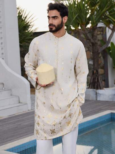 DAZY Camisa larga de estilo medio oriental de color albaricoque para hombres