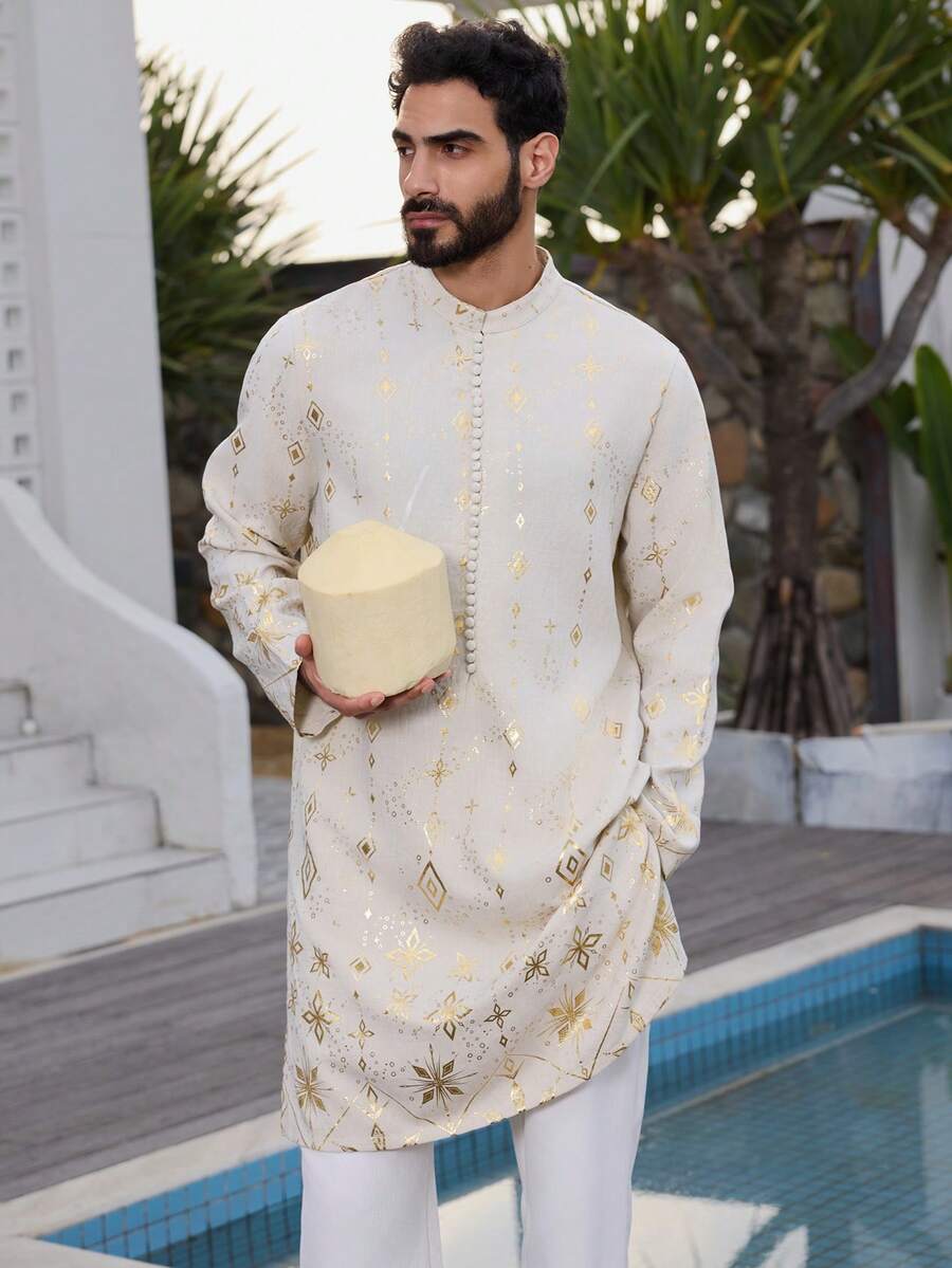 DAZY 春季长款中东风格杏色男士衬衫 - 杏色 - 查看 1