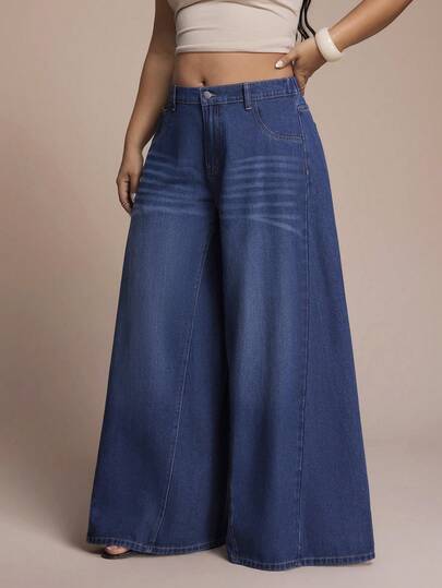 SHEIN Tall CURVE Quần jeans ống rộng cạp cao màu xanh đậm dáng rộng dành cho nữ cỡ lớn, trang phục thường ngày phong cách đường phố mùa hè, quần jeans ống rộng cài nút màu xanh dương dáng rộng dành cho nữ cỡ lớn.