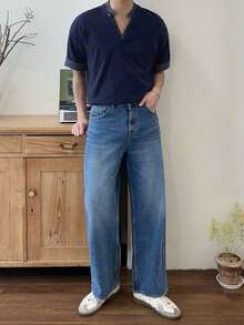 DAZY Navy Blue V-Neck Men's T-Shirt With Collar And Cuff Contrast Design, Summer - Multicolor - View 6