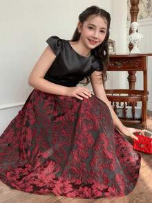 DAZY Tween Girls' Elegant Party Jacquard Patchwork Dress, Summer - Red - View 1