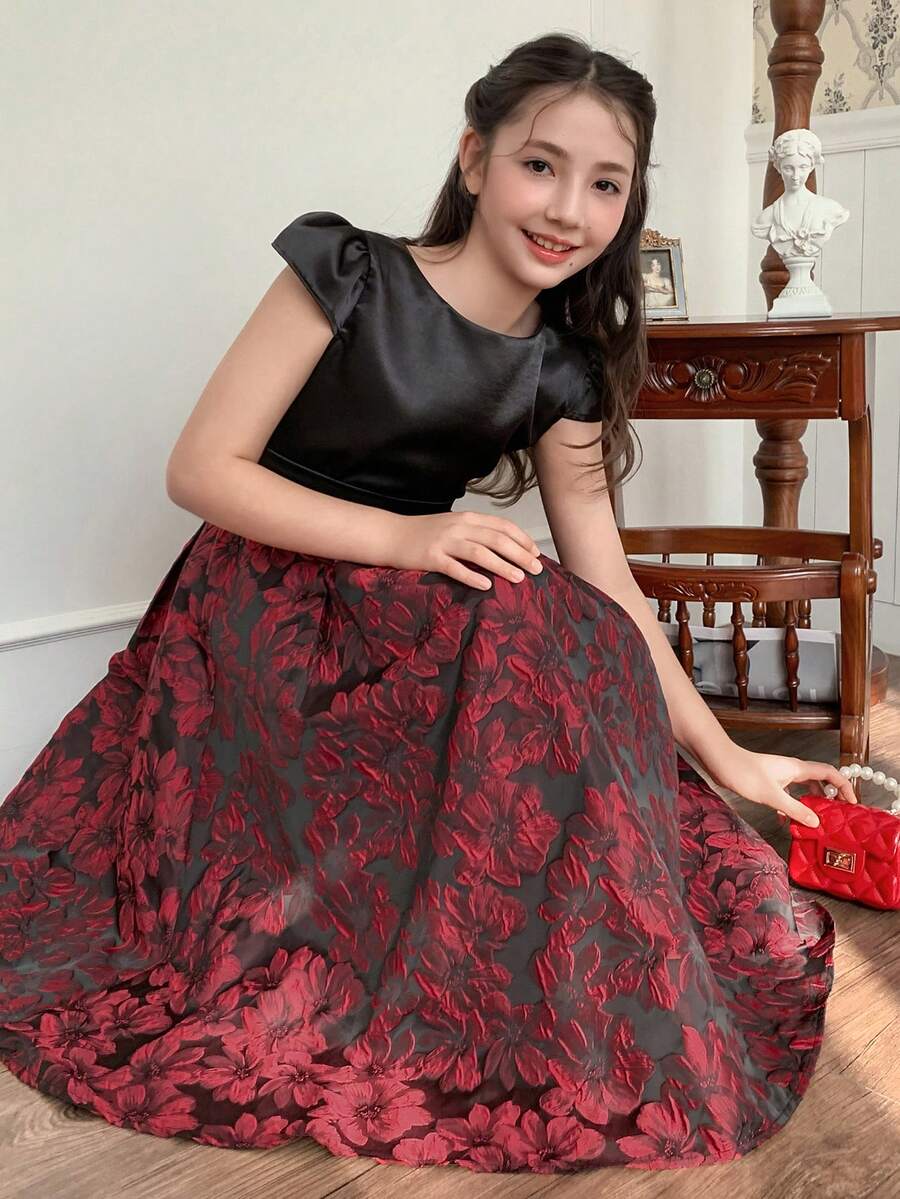 DAZY Tween Girls' Elegant Party Jacquard Patchwork Dress, Summer - Red - View 1