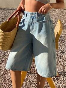 Livesso 女士高腰口袋阔腿宽松休闲牛仔短裤 - 藍色 - 查看 6