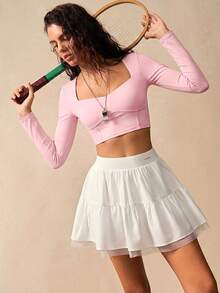 VARSIVA 女士简约纯色甜心领长袖抹胸露脐运动T恤 - 粉色 - 查看 3