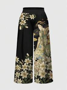 ROMWE Avant Japanese Style Lily Flower Print Wide Leg Pants For Women - Black - View 1