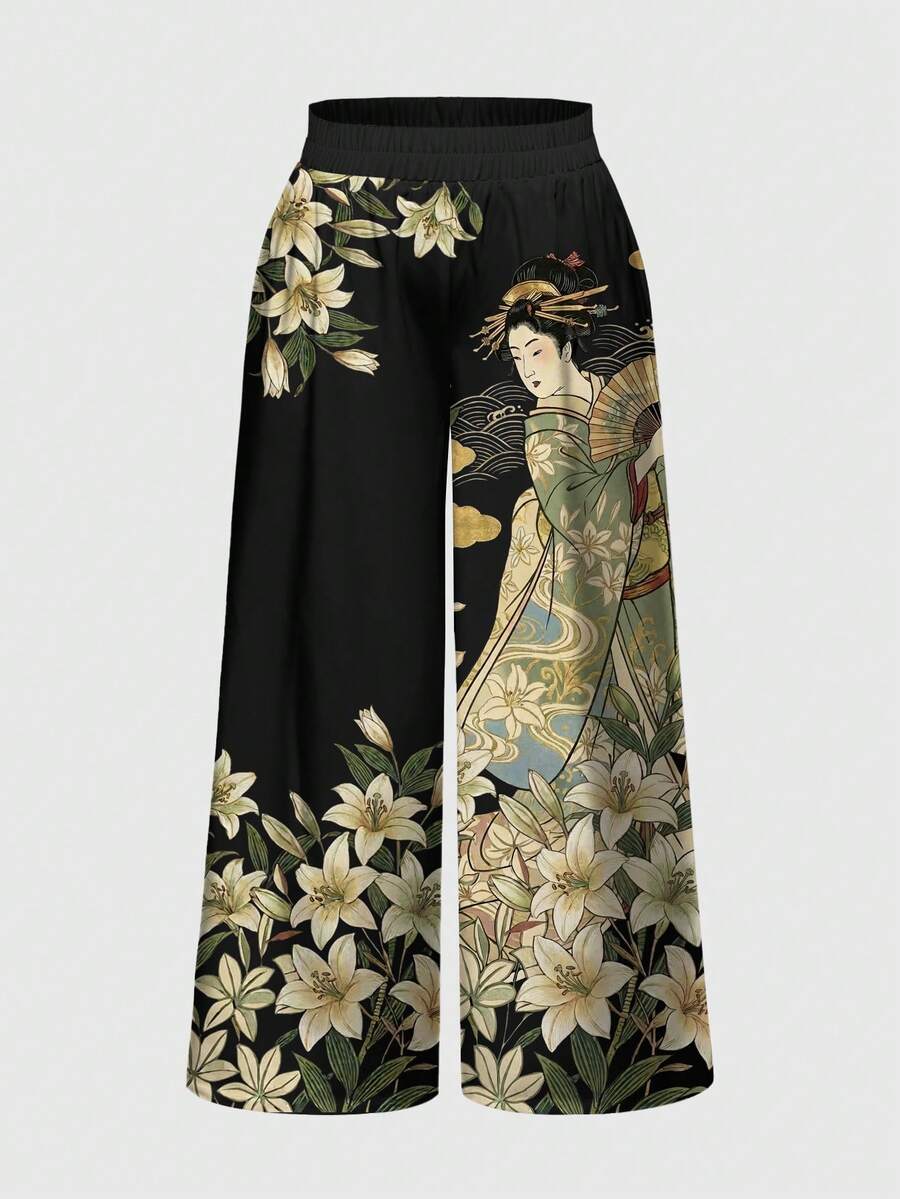 ROMWE Avant Japanese Style Lily Flower Print Wide Leg Pants For Women - Black - View 1