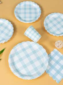 100 Pieces Of Light Blue Checkered Paper Plates And Napkins For Party Supplies, 7/9-Inch Disposable Paper Plates In Light Pink And White Checkered Design, Fan-Shaped Checkered Plates, Paper Cups, And Paper Towels, Suitable For Birthday Dinners, Picnics, Barbecues, And Parties - Multicolor - View 5