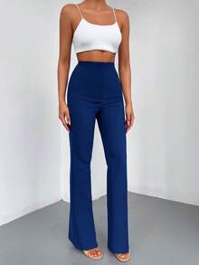 EURMUSE Solid Color High Waist Bell-Bottom Trousers Suit Pants - Navy Blue - View 4