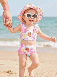 Baby Girl Cartoon Graphic Bow Detail Ruffle Trim Bikini Swimsuit With Headband - Multicolor - View 3