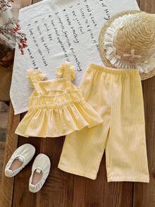 SHEIN Newborn Baby Girl Vacation Casual Cute Yellow & White Striped Camisole & Pants Set - Yellow - View 4