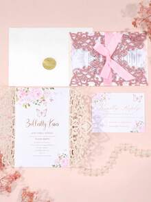 20张粉色闪光激光切割婚礼邀请函套装，含信封、回复卡和蝴蝶结丝带，适用于新娘送礼会、订婚、十五岁生日派对、甜美十六岁生日派对等活动文具。 - 金蔥粉 - 查看 9