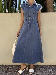 DAZY Vestido de mezclilla con mangas de encaje de parche y cintura ceñida para mujeres en verano - Azul lavado medio - Ver 1