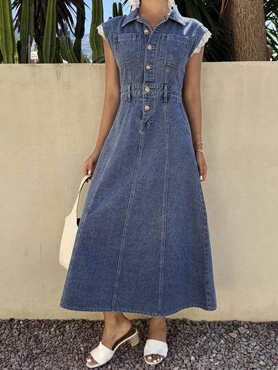 DAZY Distinctive Lace Patchwork Sleeve Waist Cinched Denim Dress For Women