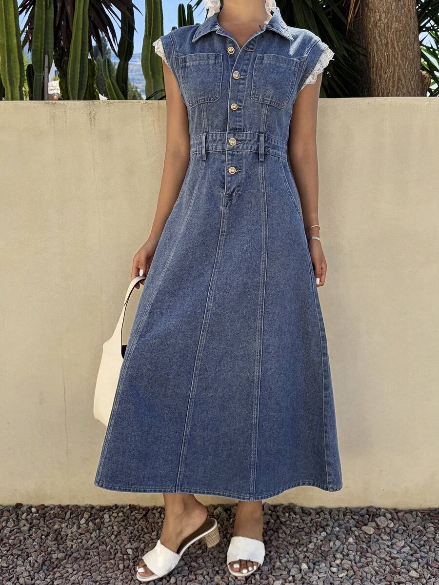 DAZY Vestido de mezclilla con mangas de encaje de parche y cintura ceñida para mujeres en verano - Azul lavado medio - Ver 1
