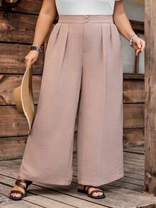 SHEIN CURVE+ Curve 尺码 US22 音乐节、海滨度假、波西米亚风/校园装/返校装/返校季女装/办公室休闲装，黑色高腰直筒休闲裤，简约时尚，适合日常穿着 - 卡其色 - 查看 3