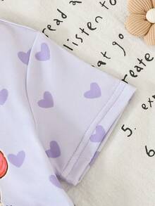 SHEIN Bộ 2 món cho bé gái, áo thun cổ tròn tay ngắn in hình trái tim và hoạt hình, kèm quần short, dễ thương và thời trang. - Màu tím - Xem 6