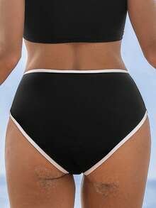 Swim SPRTY 女士沙滩套装，3D花瓣设计，黑白撞色，时尚休闲优雅简约运动冲浪泳裤 - 黑與白 - 查看 2