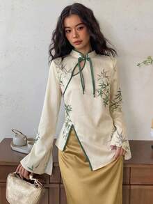 EastFlair Women's Botanical Pattern Asymmetric Hem Chinese Style Shirt - Apricot - View 4