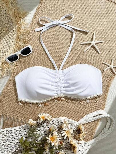 Swim Mod Plus Size Solid Color Halter Ruched Shell Trim Bikini Top, Ribbed Fabric With Drawstring, Halter Strap, Shell Decor, Vacation Beach Swimwear