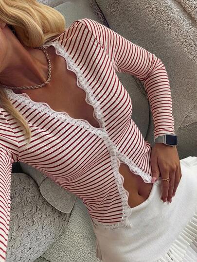 DAZY Spring Striped Red Lace Frill Trim Fitted Cardigan For Women Y2k