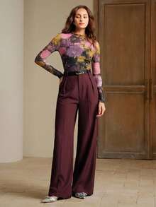 Anewsta Elegantes Top mit floralem Muster und Rüschenkragen, langärmeliges figurbetontes Top für Frauen, geeignet für Herbst, Eleganz, Chic, Neujahr, Lässig - Violett - Übersicht 4