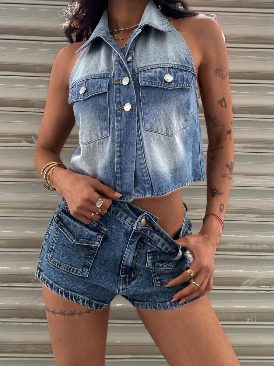 Jeanoix Y2K 女士单排扣休闲时尚露背牛仔外套 - 淺色水洗藍 - 查看 1