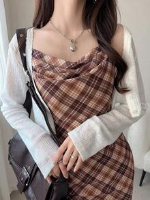 FRIFUL 女士格子无袖叠穿背心和短裤甜美两件套 - 紅色 - 查看 9